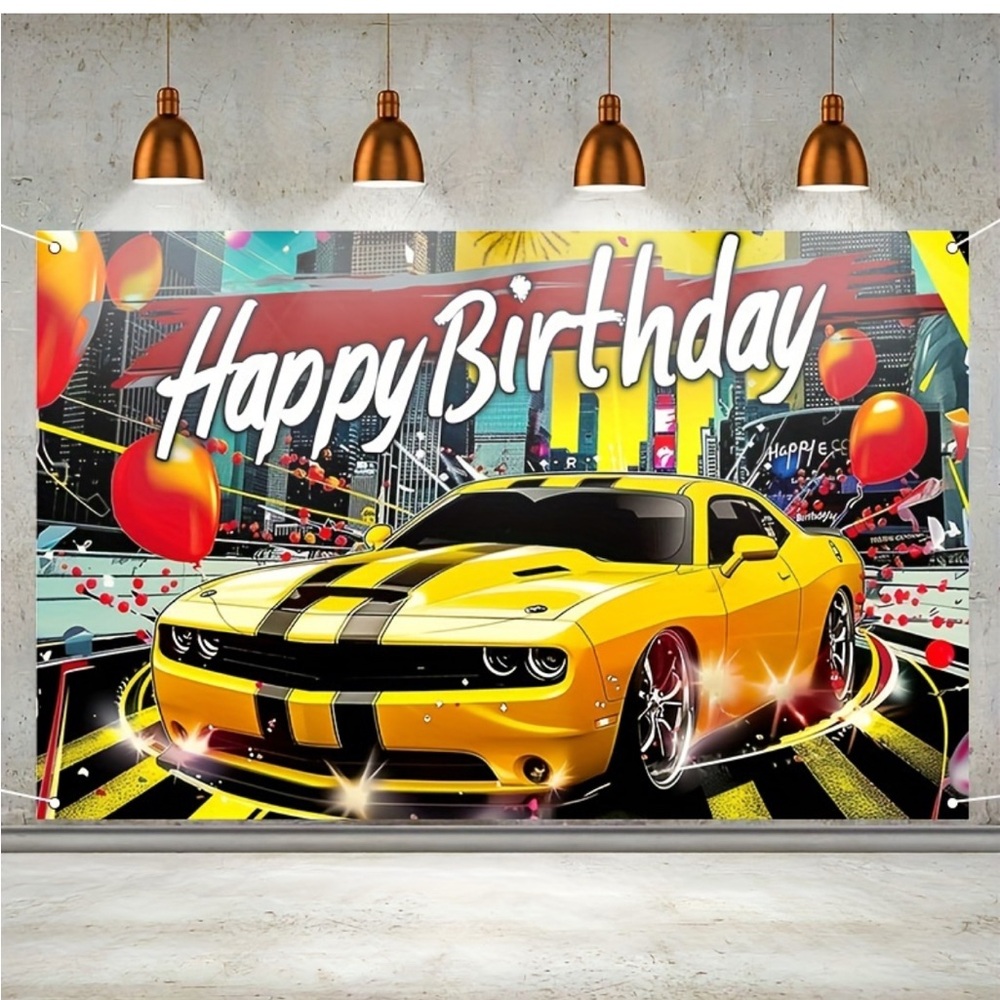 Yellow Car Happy Birthday, 3 x 5, yellow & black, car theme party